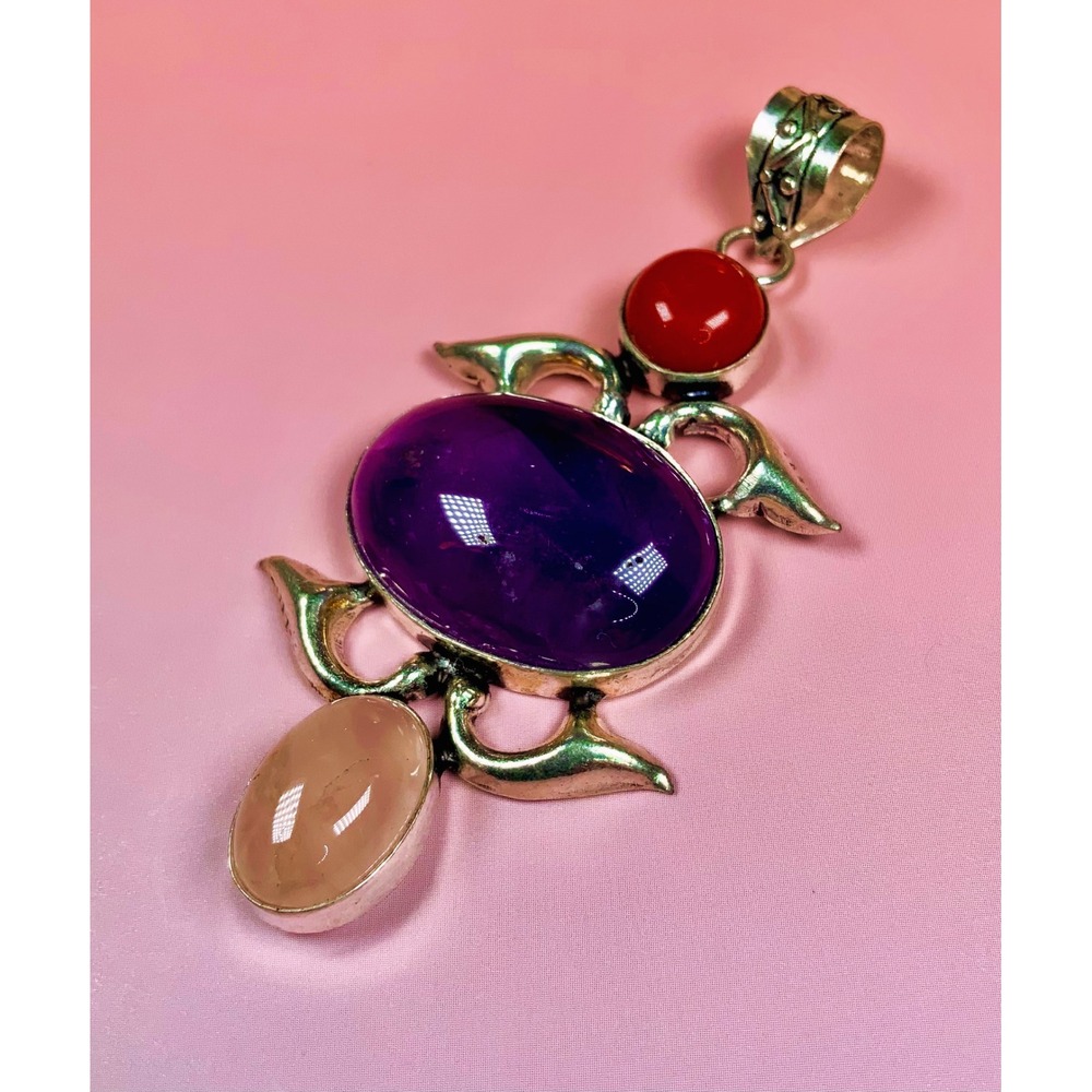 Amethyst Coral & Rose Quartz‎ Statement Pendant